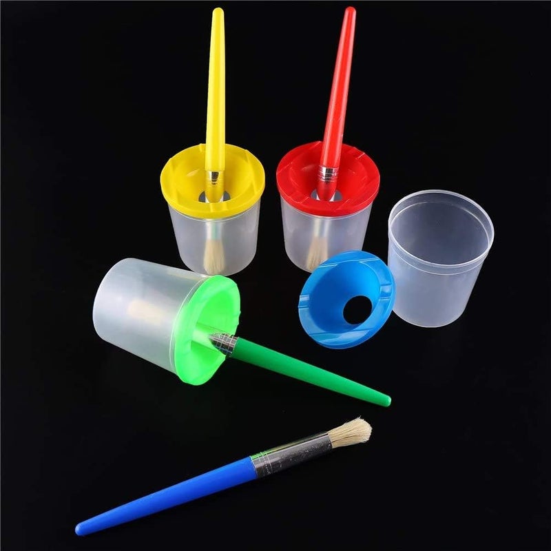 DIYASY 4 Pcs Kids No Spill Paint Cups and 4 Round Paint Brushes 4 Colors Spill Proof Paint Cups for Childrenâ€™ Art Class and Home. - Image 3
